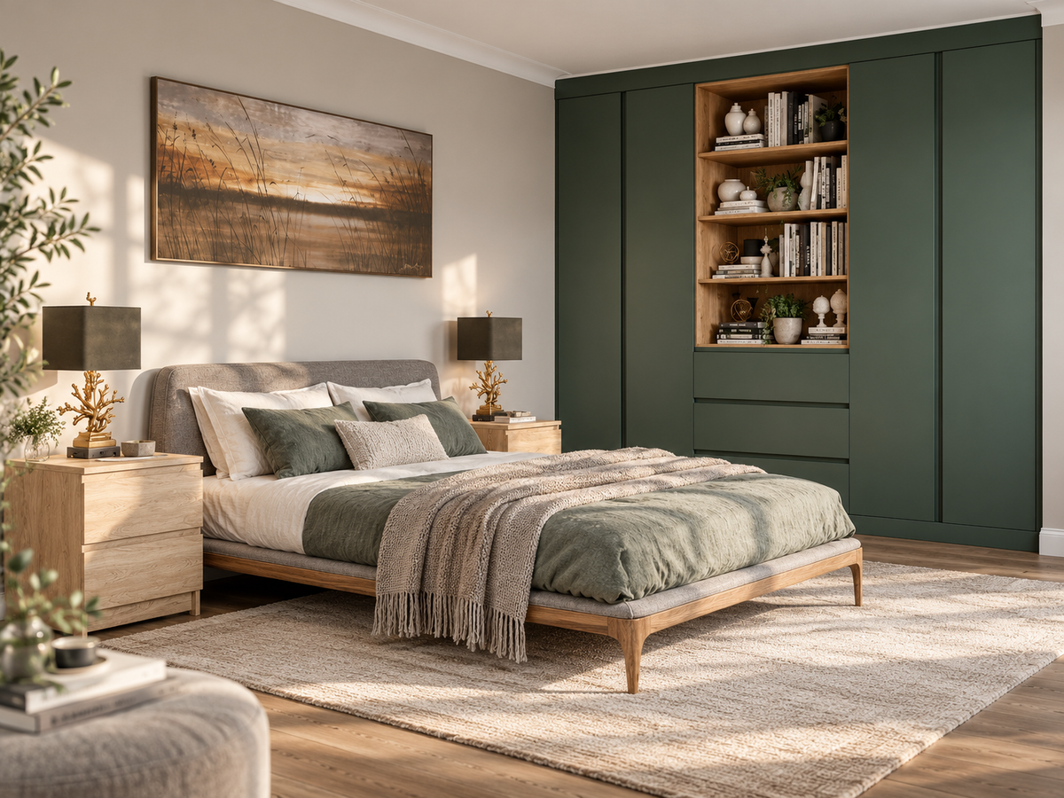 forest green finish wardrobe furniture in a premium bedroom with natural light