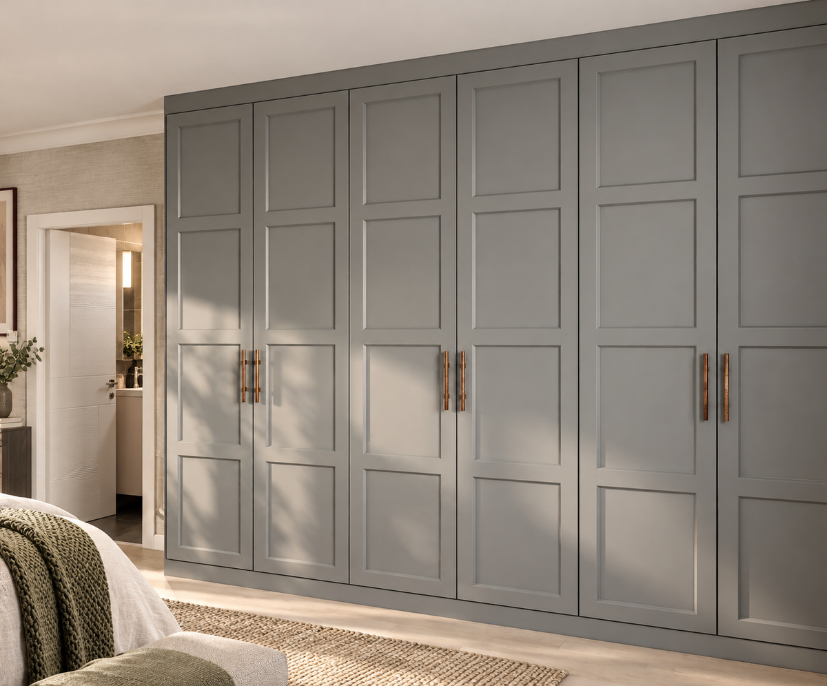 four panel shaker wardrobe furniture in a premium bedroom with natural light