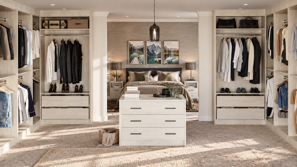 walk in layout wardrobe furniture in a premium bedroom with natural light