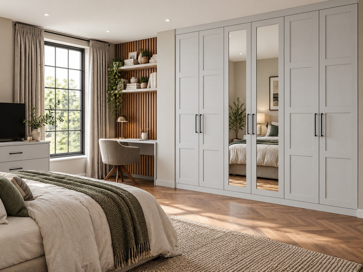 Light Grey floor-to-ceiling Shaker fitted wardrobes with central full-length mirror doors