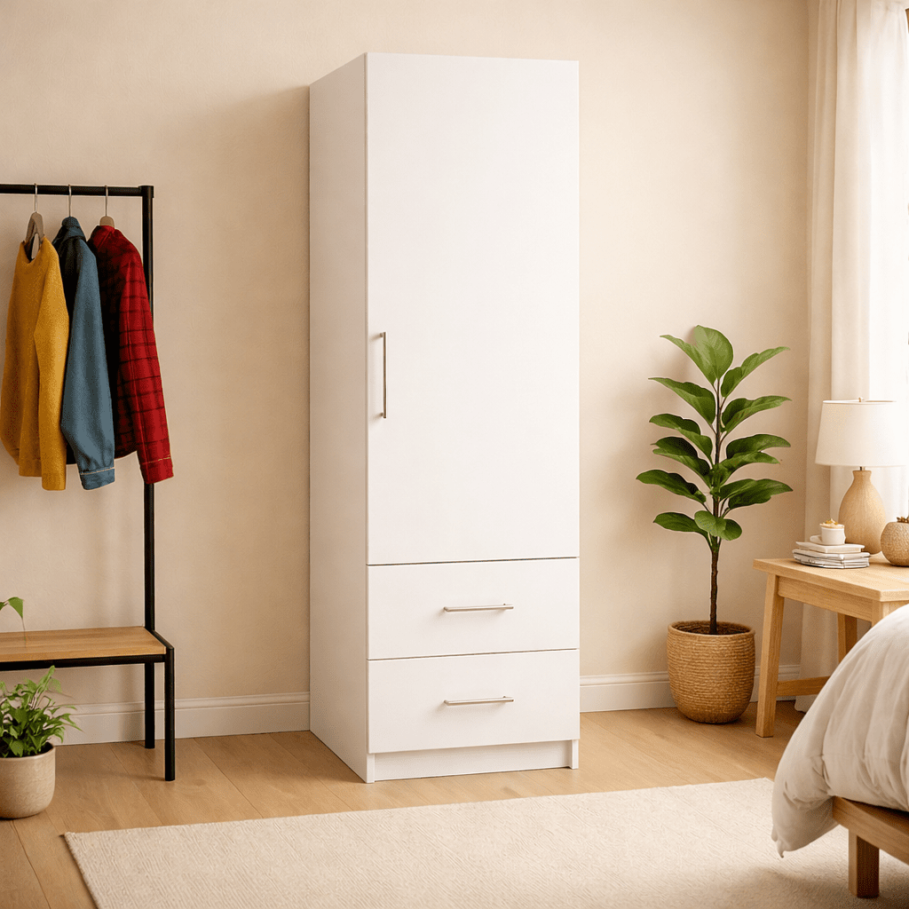 Freestanding Single Wardrobe With 2 Drawers 1 - Online Bedrooms