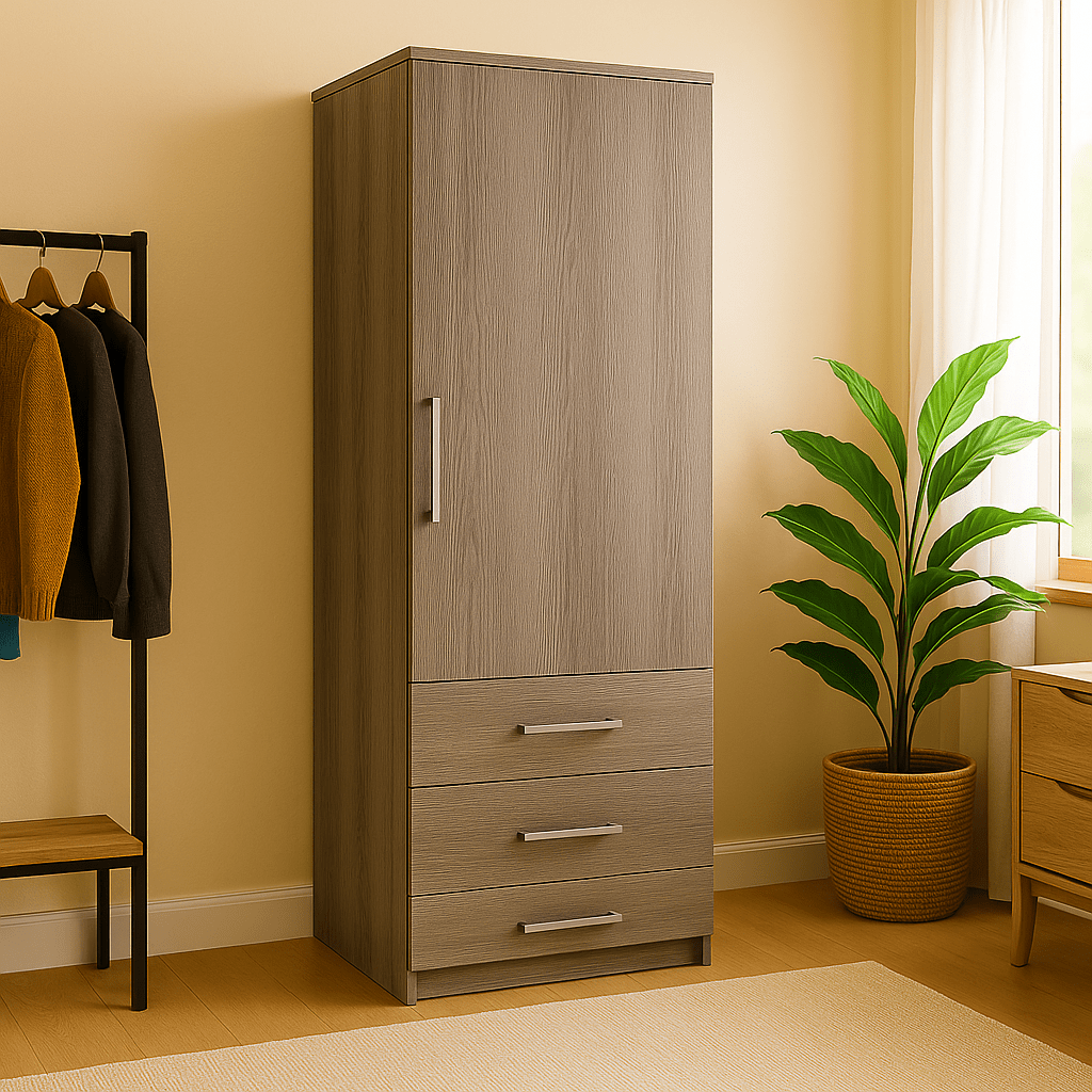 Freestanding Single Wardrobe With 3 Drawers - W: 600mm x H: 2250mm x D: 620mm 1 - Online Bedrooms