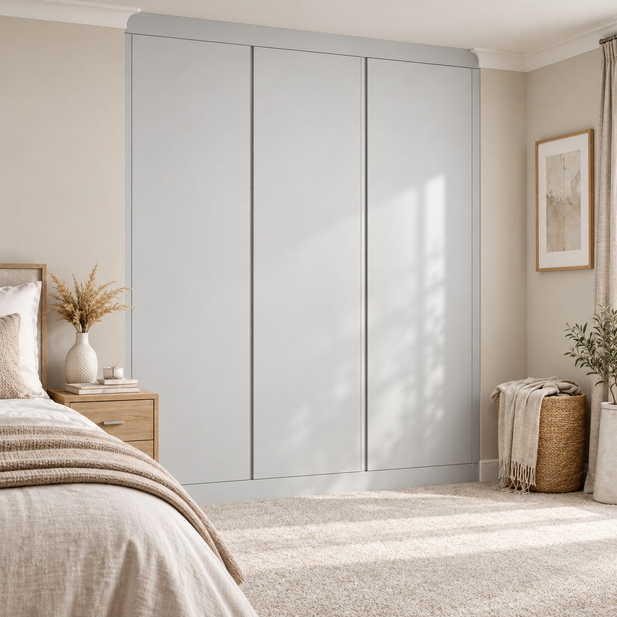 Light Grey matt three-door handleless fitted wardrobe