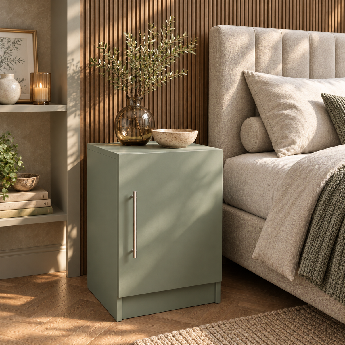 bedside cabinet in a premium home setting with natural photographic lighting
