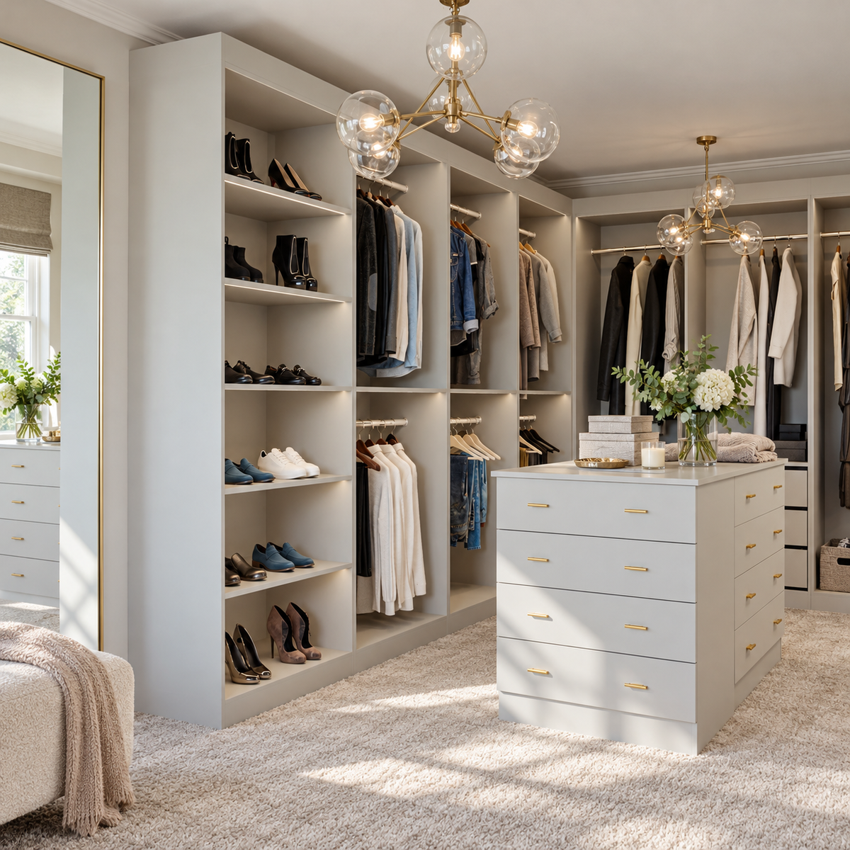 walk in wardrobe in a premium home setting with natural photographic lighting