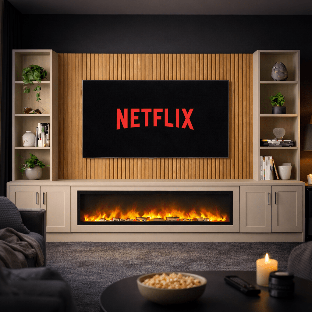 Large 60" Fireplace Media Wall Entertainment with Shaker Door Base & Double Shelving Unit - For Up to 110" TVs 1 - Online Bedrooms