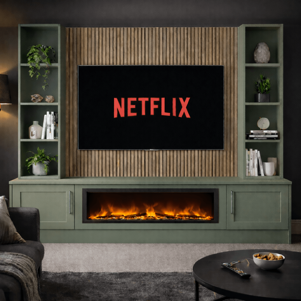 Large 60" Fireplace Media Wall Entertainment with Shaker Door Base & Double Shelving Unit - For Up to 110" TVs 10 - Online Bedrooms