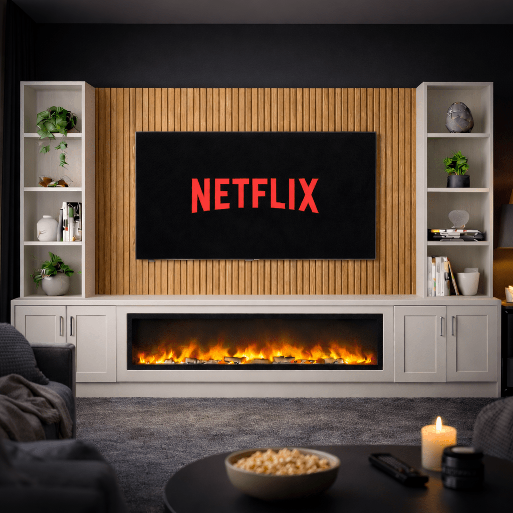 Large 60" Fireplace Media Wall Entertainment with Shaker Door Base & Double Shelving Unit - For Up to 110" TVs 6 - Online Bedrooms