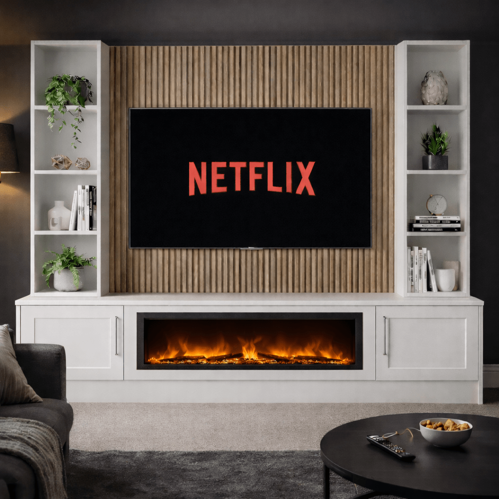 Large 60" Fireplace Media Wall Entertainment with Shaker Door Base & Double Shelving Unit - For Up to 110" TVs 13 - Online Bedrooms