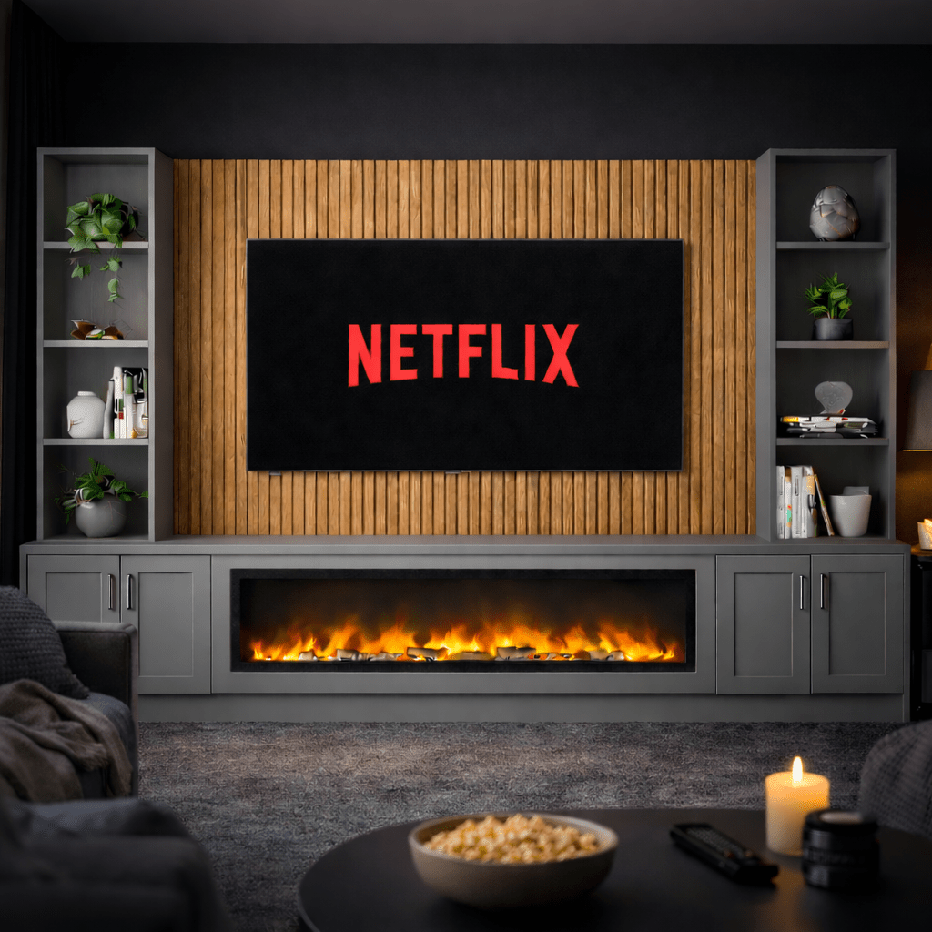 Large 60" Fireplace Media Wall Entertainment with Shaker Door Base & Double Shelving Unit - For Up to 110" TVs 4 - Online Bedrooms