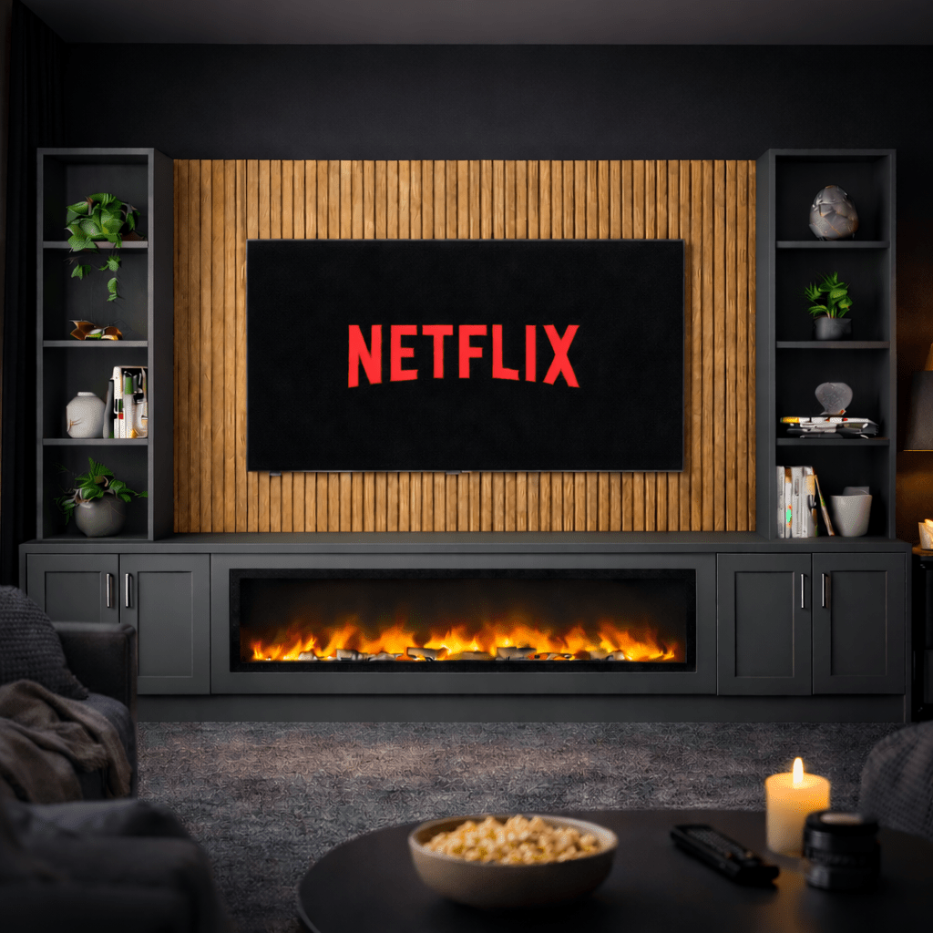 Large 60" Fireplace Media Wall Entertainment with Shaker Door Base & Double Shelving Unit - For Up to 110" TVs 7 - Online Bedrooms