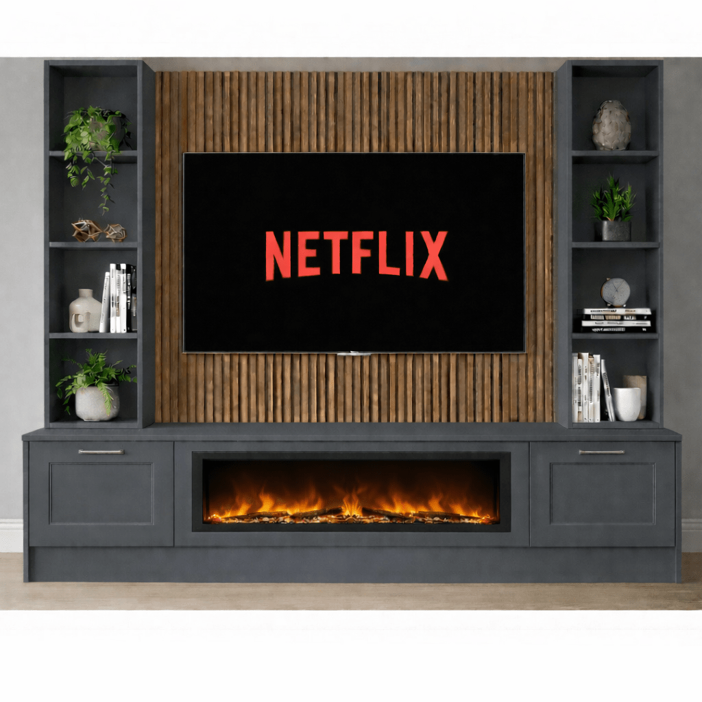 Large 60" Fireplace Media Wall Entertainment with Shaker Door Base & Double Shelving Unit - For Up to 120" TVs 9 - Online Bedrooms