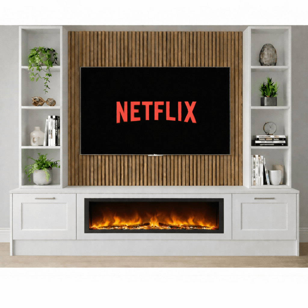 Large 60" Fireplace Media Wall Entertainment with Shaker Door Base & Double Shelving Unit - For Up to 120" TVs 8 - Online Bedrooms