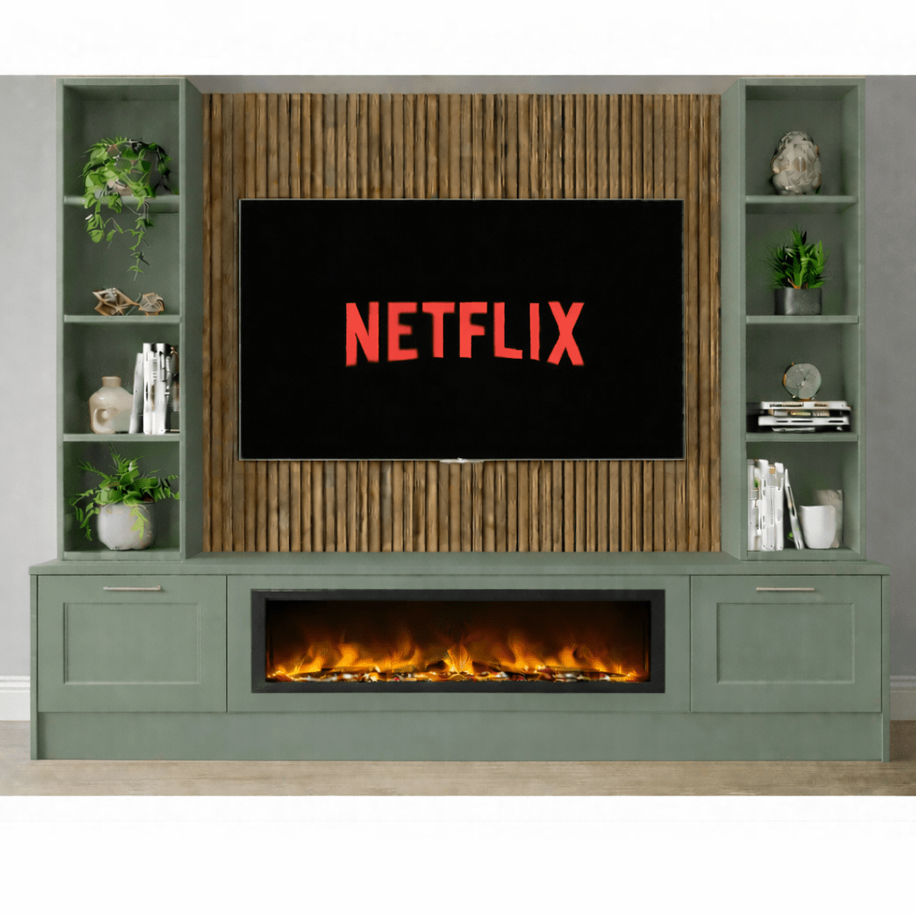 Large 60" Fireplace Media Wall Entertainment with Shaker Door Base & Double Shelving Unit - For Up to 120" TVs 7 - Online Bedrooms