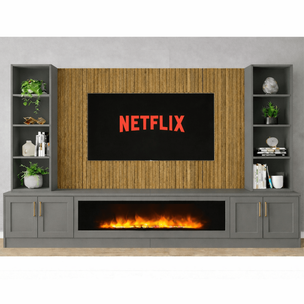 Large 60" Fireplace Media Wall Entertainment with Shaker Door Base & Double Shelving Unit - For Up to 120" TVs 2 - Online Bedrooms