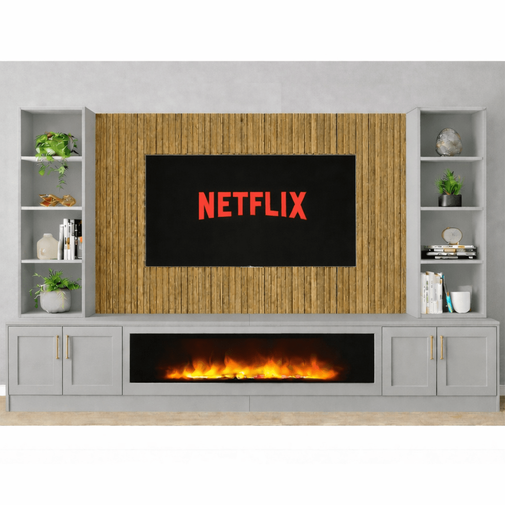Large 60" Fireplace Media Wall Entertainment with Shaker Door Base & Double Shelving Unit - For Up to 120" TVs 3 - Online Bedrooms