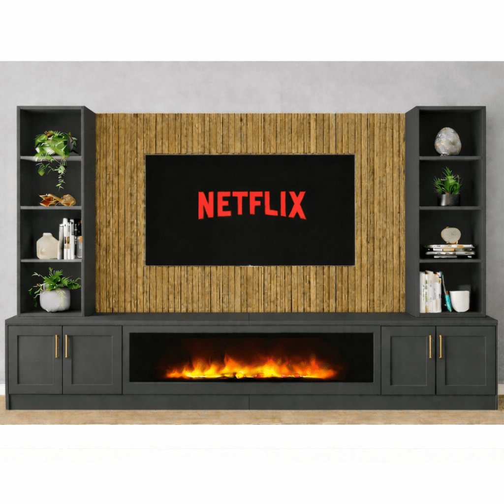 Large 60" Fireplace Media Wall Entertainment with Shaker Door Base & Double Shelving Unit - For Up to 120" TVs 4 - Online Bedrooms