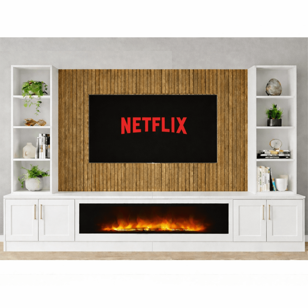 Large 60" Fireplace Media Wall Entertainment with Shaker Door Base & Double Shelving Unit - For Up to 120" TVs 6 - Online Bedrooms