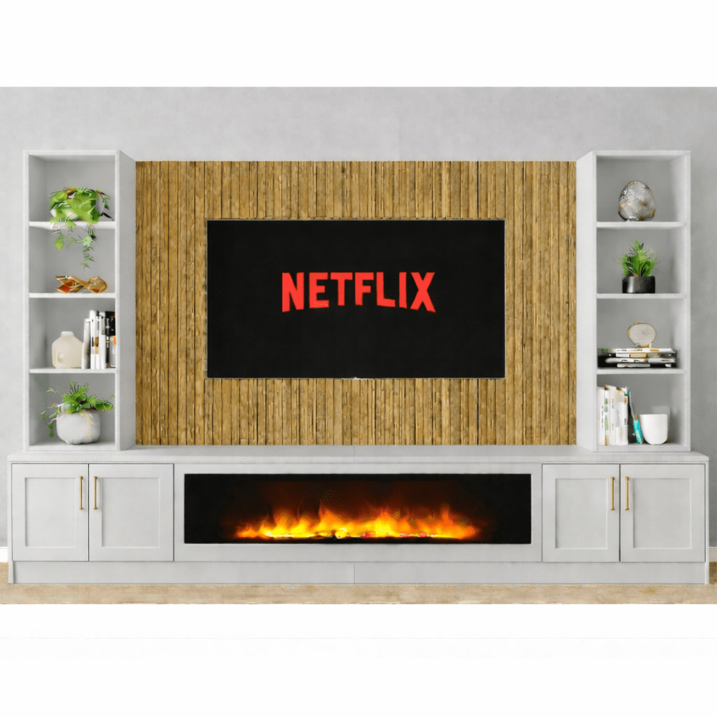 Large 60" Fireplace Media Wall Entertainment with Shaker Door Base & Double Shelving Unit - For Up to 120" TVs 5 - Online Bedrooms