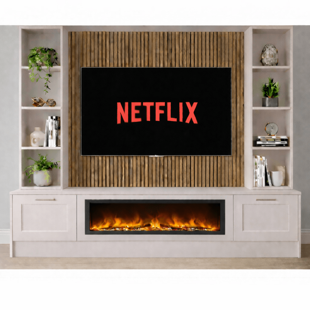 Large 60" Fireplace Media Wall Entertainment with Shaker Door Base & Double Shelving Unit - For Up to 120" TVs 11 - Online Bedrooms