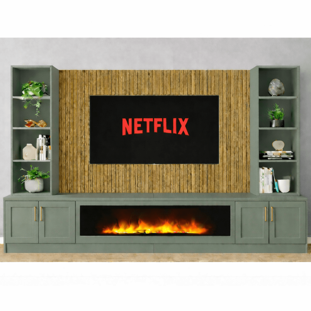 Large 60" Fireplace Media Wall Entertainment with Shaker Door Base & Double Shelving Unit - For Up to 120" TVs 1 - Online Bedrooms