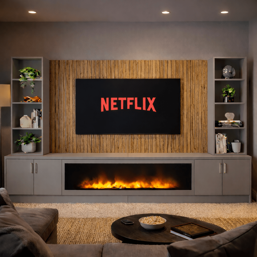 Large 60" Fireplace Media Wall Entertainment with Smooth Door Base & Double Shelving Unit - For Up to 110" TVs 12 - Online Bedrooms