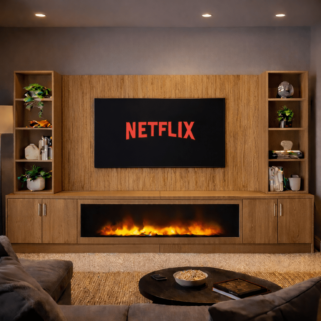Large 60" Fireplace Media Wall Entertainment with Smooth Door Base & Double Shelving Unit - For Up to 110" TVs 15 - Online Bedrooms