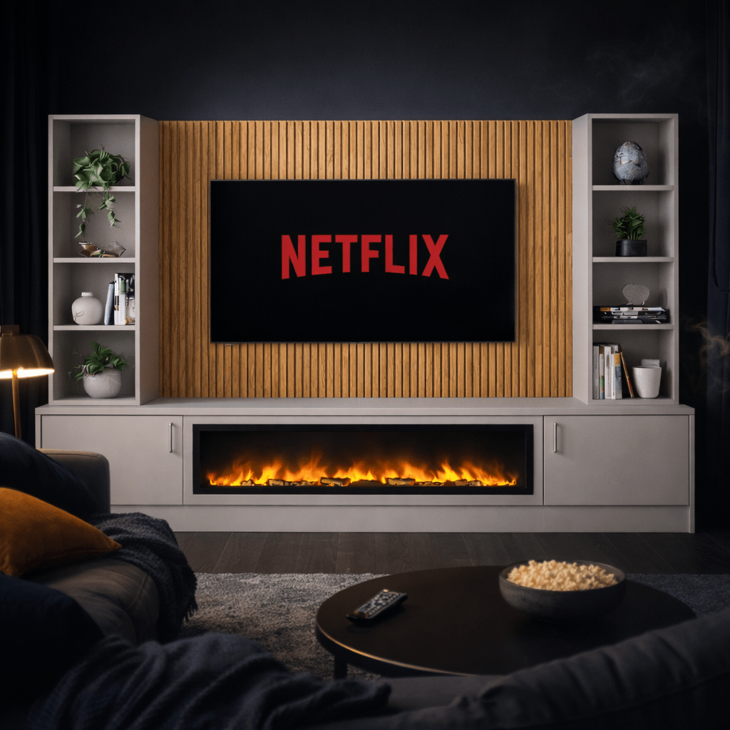 Large 60" Fireplace Media Wall Entertainment with Smooth Door Base & Double Shelving Unit - For Up to 110" TVs 15 - Online Bedrooms