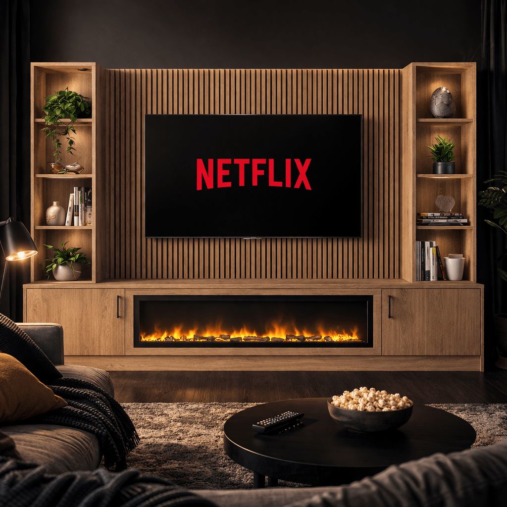 Large 60" Fireplace Media Wall Entertainment with Smooth Door Base & Double Shelving Unit - For Up to 110" TVs 11 - Online Bedrooms