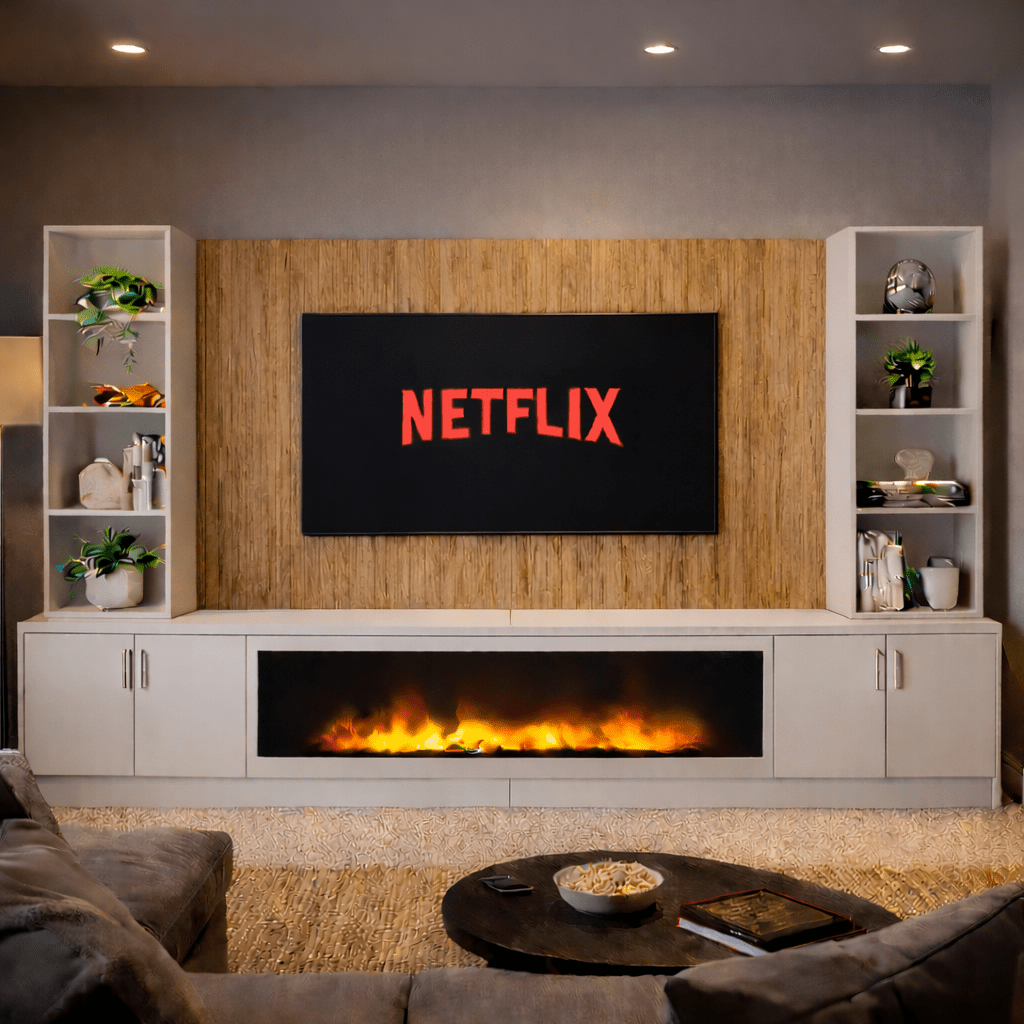 Large 60" Fireplace Media Wall Entertainment with Smooth Door Base & Double Shelving Unit - For Up to 110" TVs 17 - Online Bedrooms
