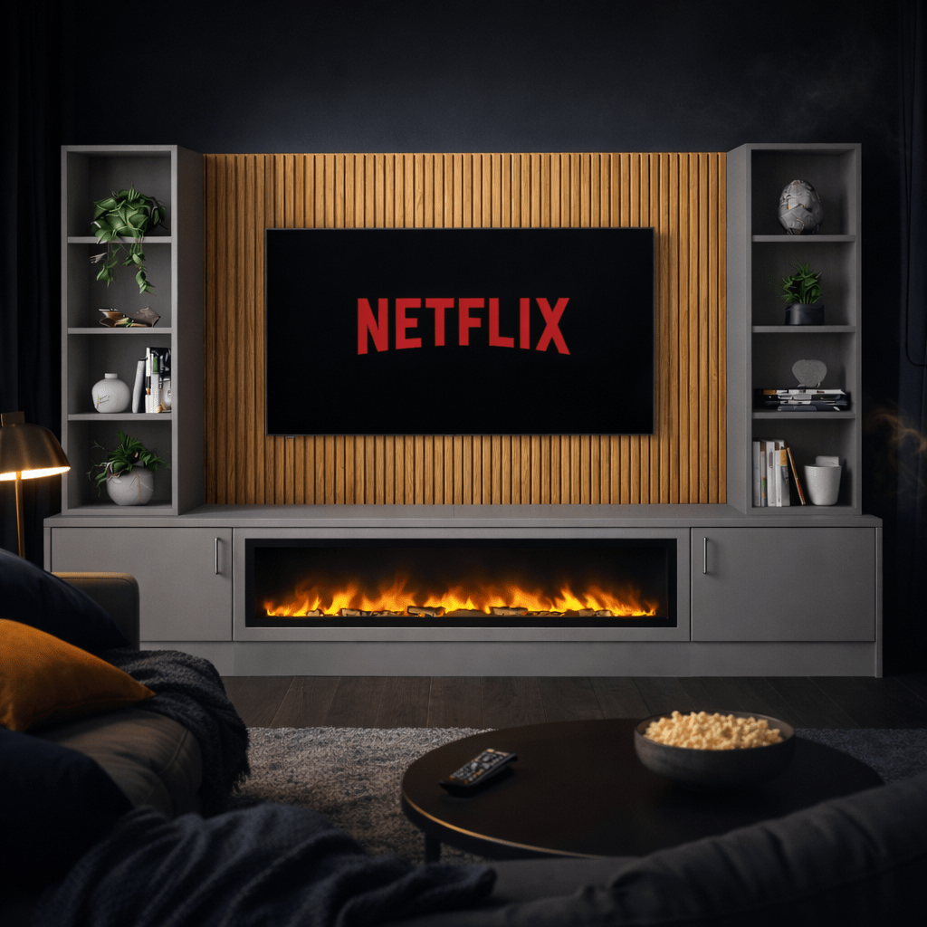 Large 60" Fireplace Media Wall Entertainment with Smooth Door Base & Double Shelving Unit - For Up to 110" TVs 14 - Online Bedrooms