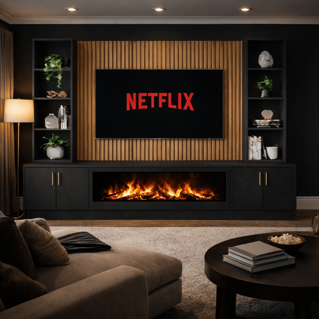 Large 60" Fireplace Media Wall Entertainment with Smooth Door Base & Double Shelving Unit - For Up to 120" TVs 1 - Online Bedrooms