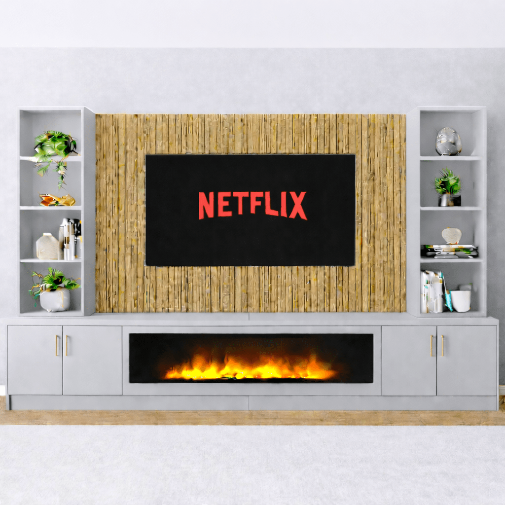 Large 60" Fireplace Media Wall Entertainment with Smooth Door Base & Double Shelving Unit - For Up to 120" TVs 5 - Online Bedrooms
