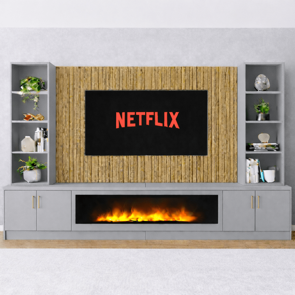 Large 60" Fireplace Media Wall Entertainment with Smooth Door Base & Double Shelving Unit - For Up to 120" TVs 3 - Online Bedrooms