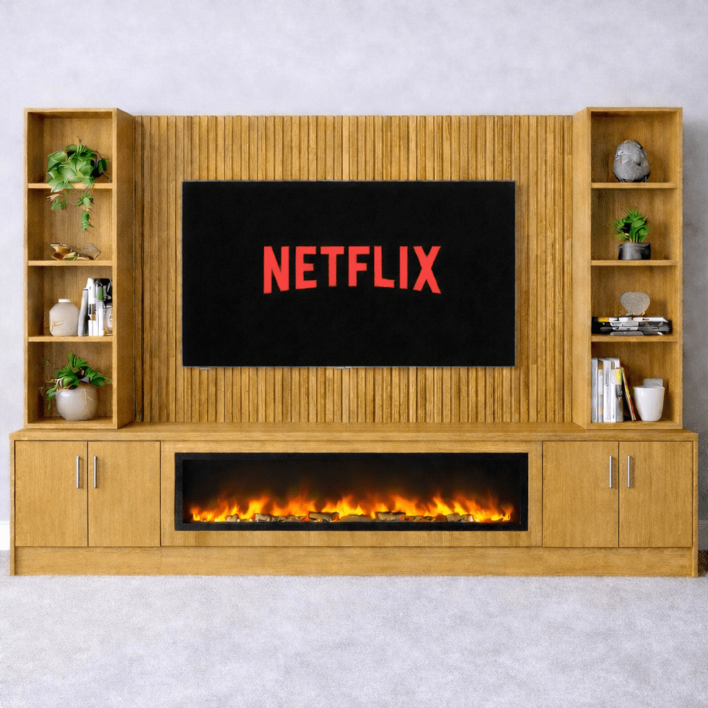 Large 60" Fireplace Media Wall Entertainment with Smooth Door Base & Double Shelving Unit - For Up to 120" TVs 1 - Online Bedrooms