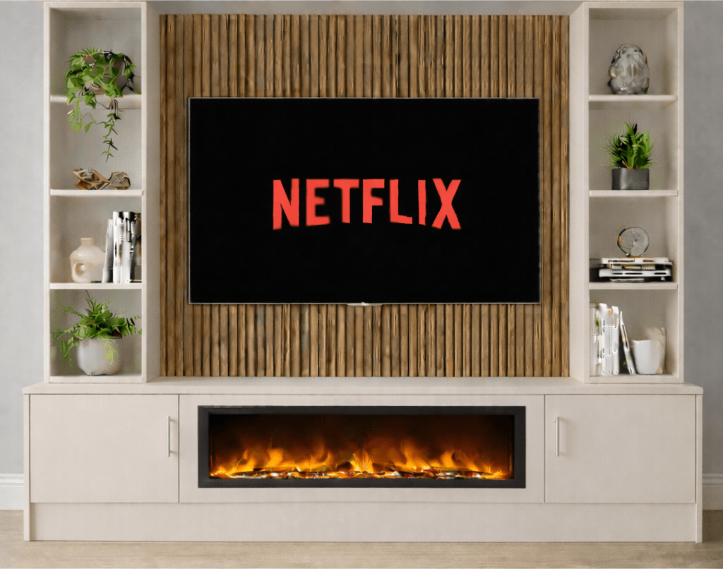 Large 60" Fireplace Media Wall Entertainment with Smooth Door Base & Double Shelving Unit - For Up to 120" TVs 14 - Online Bedrooms
