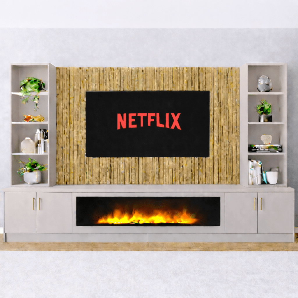 Large 60" Fireplace Media Wall Entertainment with Smooth Door Base & Double Shelving Unit - For Up to 120" TVs 2 - Online Bedrooms