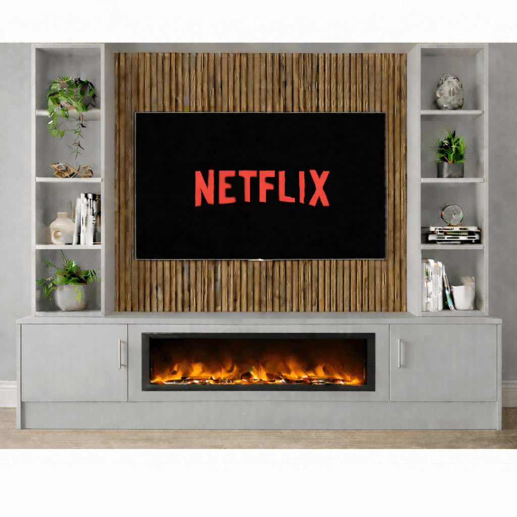 Large 60" Fireplace Media Wall Entertainment with Smooth Door Base & Double Shelving Unit - For Up to 120" TVs 11 - Online Bedrooms