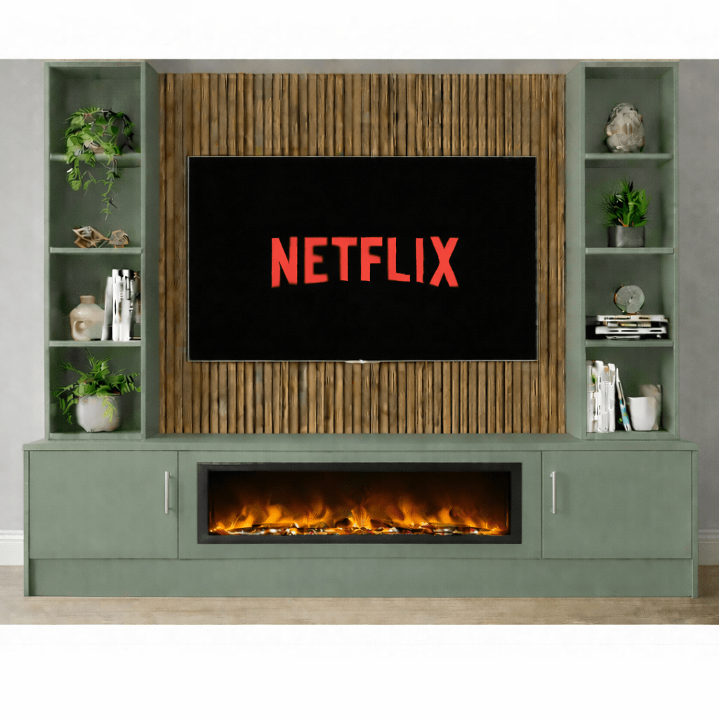 Large 60" Fireplace Media Wall Entertainment with Smooth Door Base & Double Shelving Unit - For Up to 120" TVs 9 - Online Bedrooms