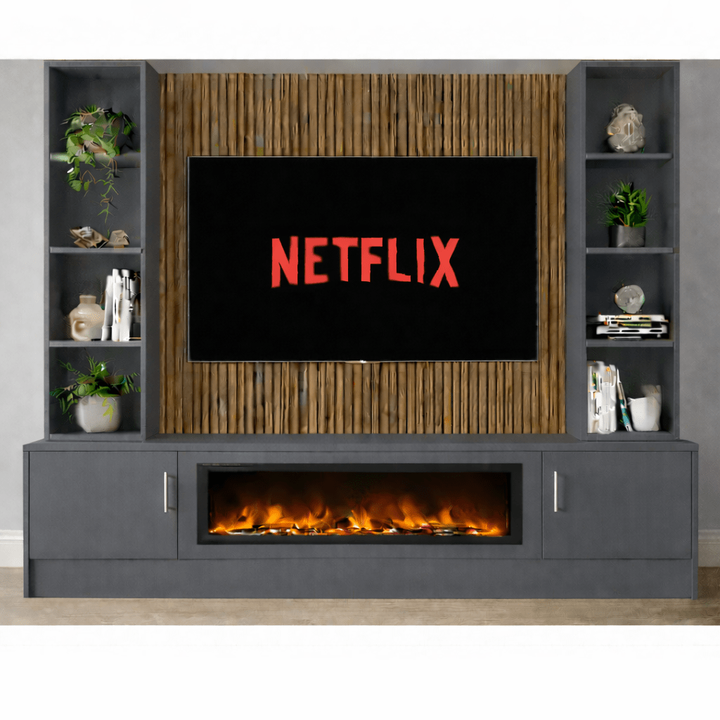 Large 60" Fireplace Media Wall Entertainment with Smooth Door Base & Double Shelving Unit - For Up to 120" TVs 12 - Online Bedrooms