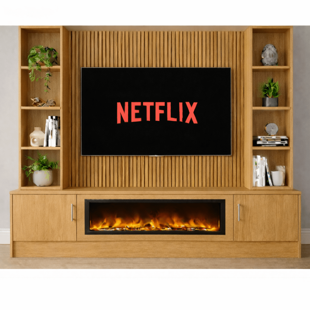 Large 60" Fireplace Media Wall Entertainment with Smooth Door Base & Double Shelving Unit - For Up to 120" TVs 10 - Online Bedrooms