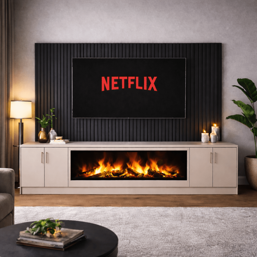 Large 60" Fireplace Media Wall Entertainment with Smooth Door Base - For Up to 130" TVs 1 - Online Bedrooms