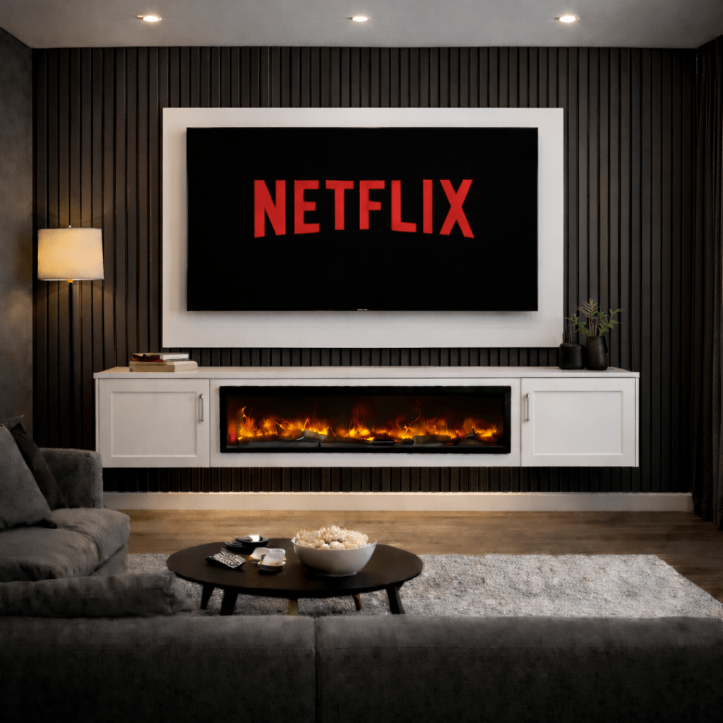 Large 60" Floating Fireplace Media Wall Entertainment Bundle with Shaker Doors - For Up to 70" TVs 1 - Online Bedrooms