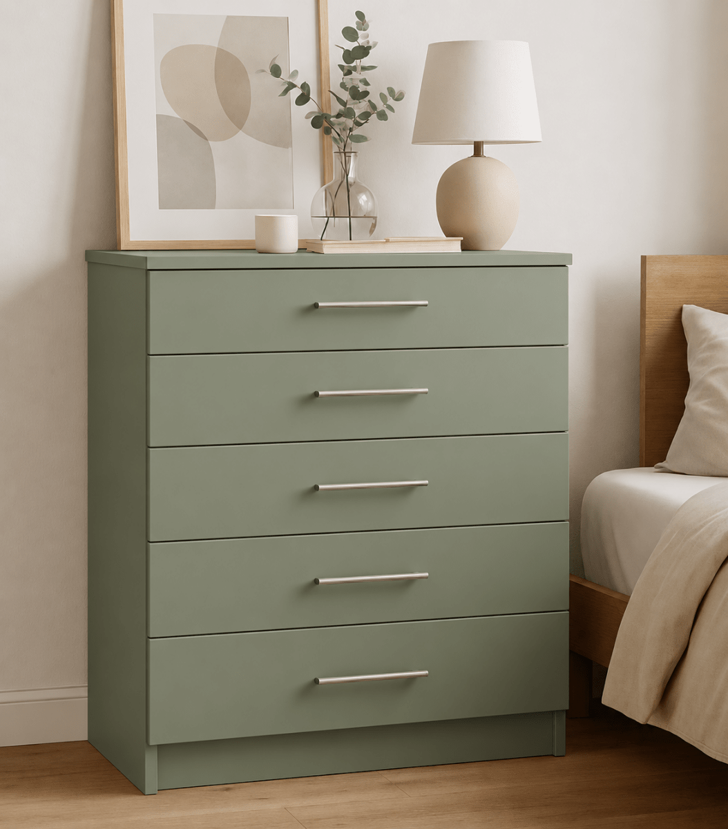 Linby 5 Drawer Chest of Drawers in Sage Green