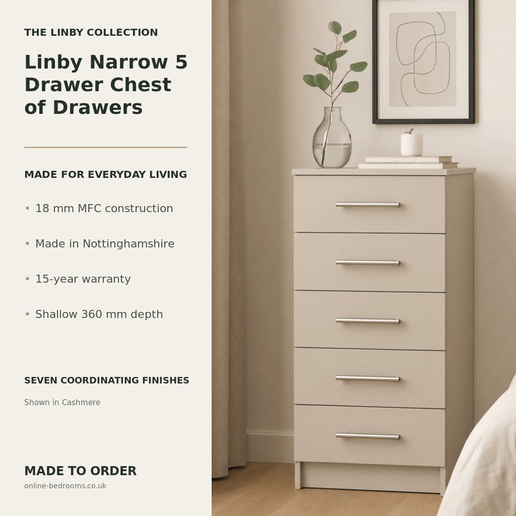 Linby Narrow 5 Drawer Chest of Drawers 2 - Online Bedrooms