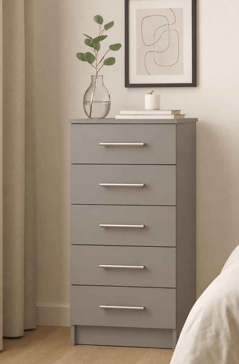 Linby Narrow 5 Drawer Chest of Drawers in Dust Grey