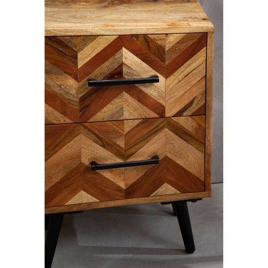 Mango Wood Two - Drawer Bedside Table with Handcrafted Chevron Front and Black Iron Legs, Boho 9 - Online Bedrooms