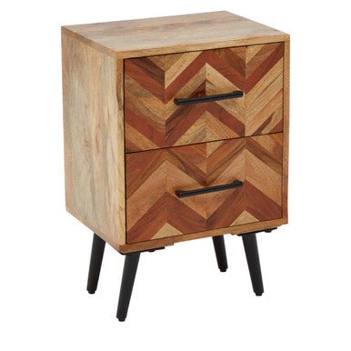 Mango Wood Two - Drawer Bedside Table with Handcrafted Chevron Front and Black Iron Legs, Boho 4 - Online Bedrooms