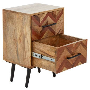 Mango Wood Two - Drawer Bedside Table with Handcrafted Chevron Front and Black Iron Legs, Boho 6 - Online Bedrooms