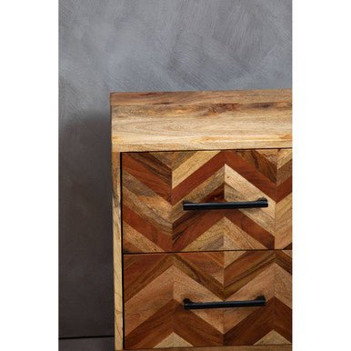 Mango Wood Two - Drawer Bedside Table with Handcrafted Chevron Front and Black Iron Legs, Boho 10 - Online Bedrooms